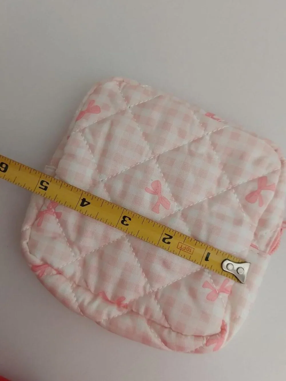 pink bow plad gingham make up pouch small square bag
